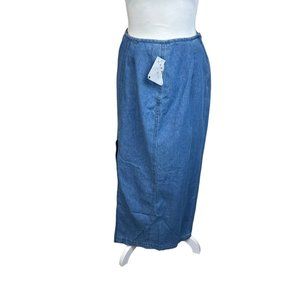 Vintage denim maxi skirt, size 8, side slit, long length, NWT, pocket, zipper